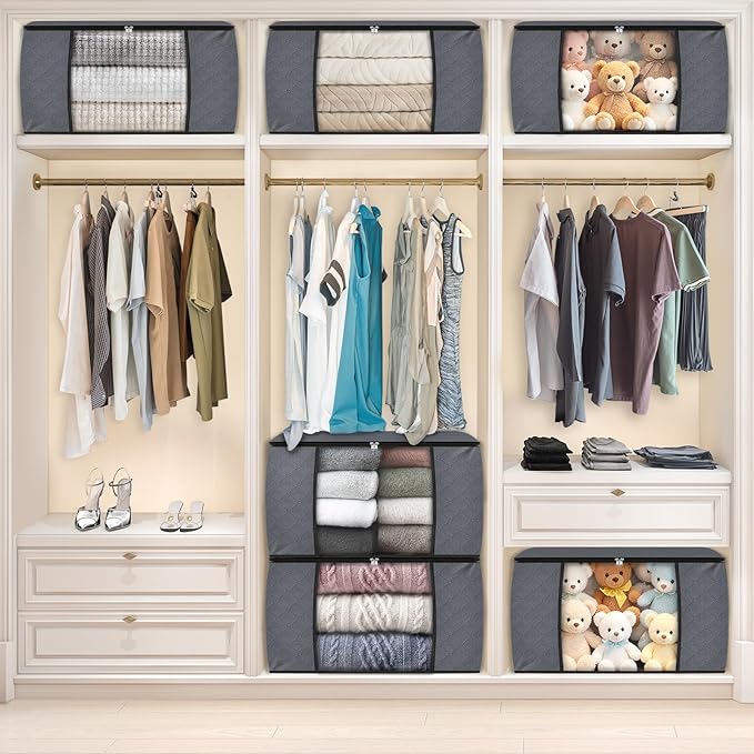 8 Pack Storage Bags for Clothes Blanket Storage Bins with Lids | Foldable Closet Organizers with Zippers,Window and Handles,Fabric Storage Bins for Sweater,Comforter,Bedding,Dorm essentials