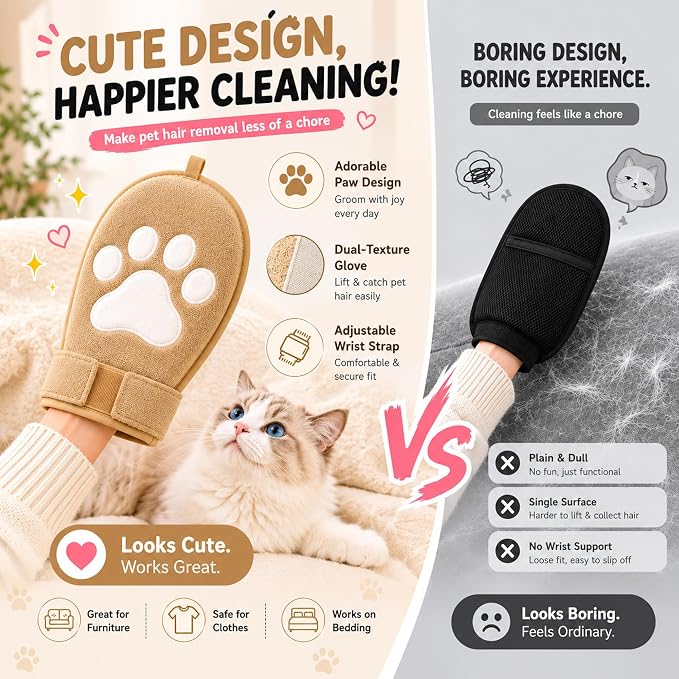 Paw Shape Pet Hair Remover Glove & Fur Storage Bag Set for Cats and Dogs (Beige), Washable Pet Hair Removr, Soft Lint Cleaning Glove for Sofa Carpet Bed Clothes