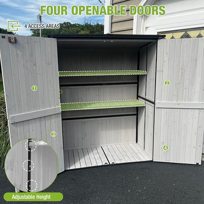 GUTINNEEN Outdoor Storage Shed with Metal Frame,Wooden Tool Cabinet with Adjustable Shelfs, House Garden Shed for Backyard Garden Patio Lawn