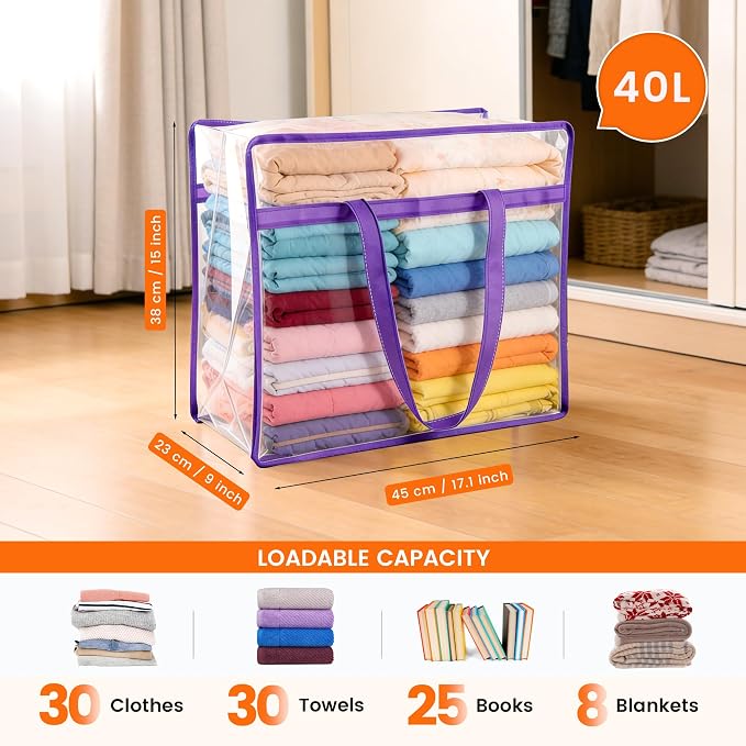 10 Pack 40L Clear Storage Bags with Zipper Large Opening for Loading | Purple Storage Bag for Blankets and Clothes, Large Capacity Closet Organizers and Storage for Dormitory, Bedroom