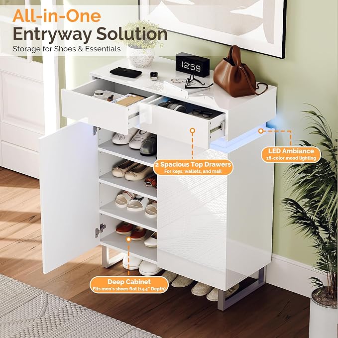 VINGLI Modern White Shoe Cabinet with LED Lights, High Gloss Entryway Shoe Storage Organizer with 2 Drawers & Adjustable Shelves, Freestanding Hidden Shoe Rack for 15+ Pairs, 30.7" W