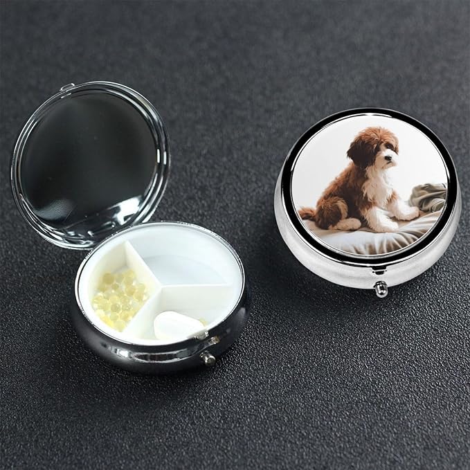 Round Pill Box Pet Dog Pill Case for Purse & Pocket 3 Compartment Pill Organizer Portable Travel Pillbox Medicine Pill Holder Container for Daily Vitamin Cod Liver Oil Storage