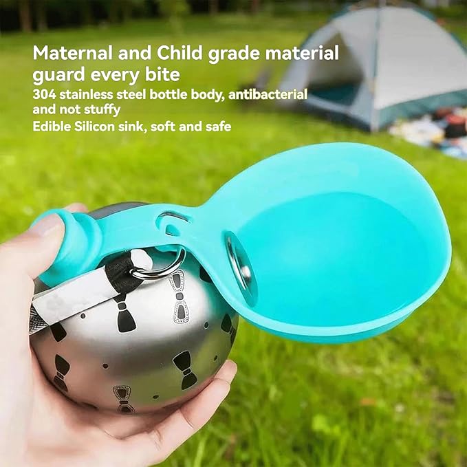 Portable Dog Water Ball, Foldable Pet Water Bottle – Portable, Leak-Proof & Perfect for Travel, 304 Stainless Steel Large-Capacity (287ml) Cup with Foldable Silicone Bowl (Blue with Print)