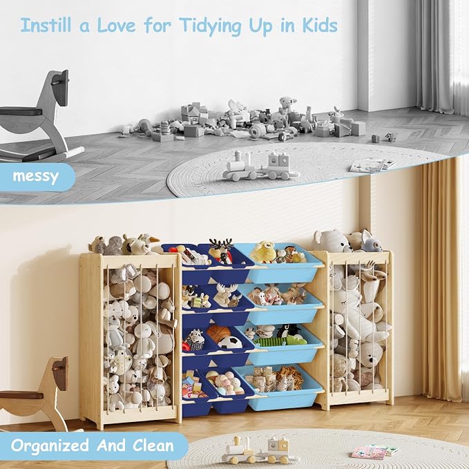 EXPERLAM Large Toy Storage Organizer, Wooden Stuffed Animal Storage & 12-Bins Toy Organizer, Double-Sided Plush Toy Holder Featuring Thicker Ropes, Space Save Bedroom Nursery Playroom Storage, Blue