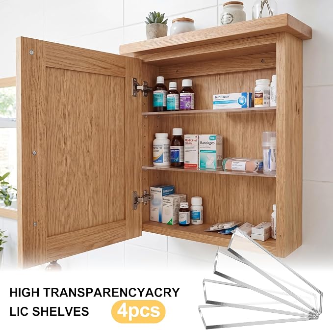 4 Pcs Medicine Cabinet Shelves 13.3 Inch Acrylic Medicine Cabinet Shelf Replacement for Living Room Bathroom Kitchen Wall Mounted Shelving Cabinet