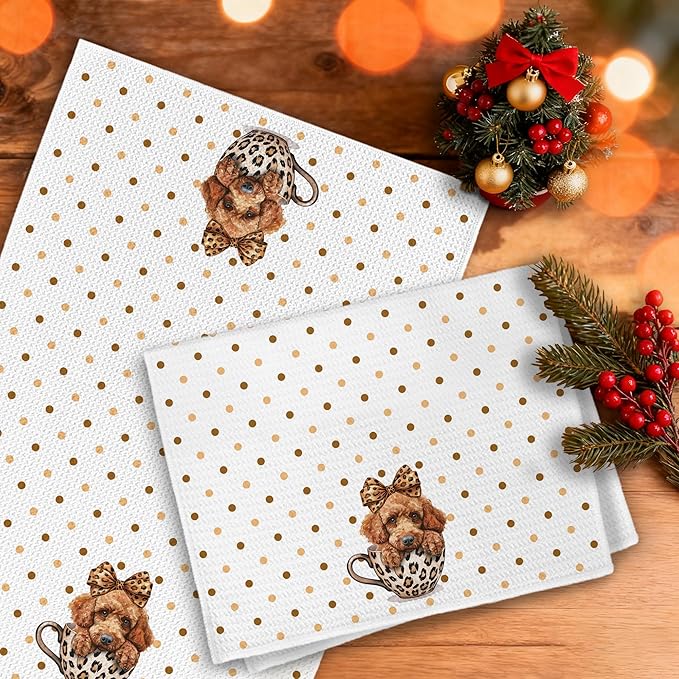 Leopard Bow Toy Poodle Kitchen Towels, Toy Poodle Gifts Dish Tea Towels, Trendy Cheetah Print Coffee Cup Dog Polka Dot Decorative Hand Towel for Bathroom, 16x24 Inch