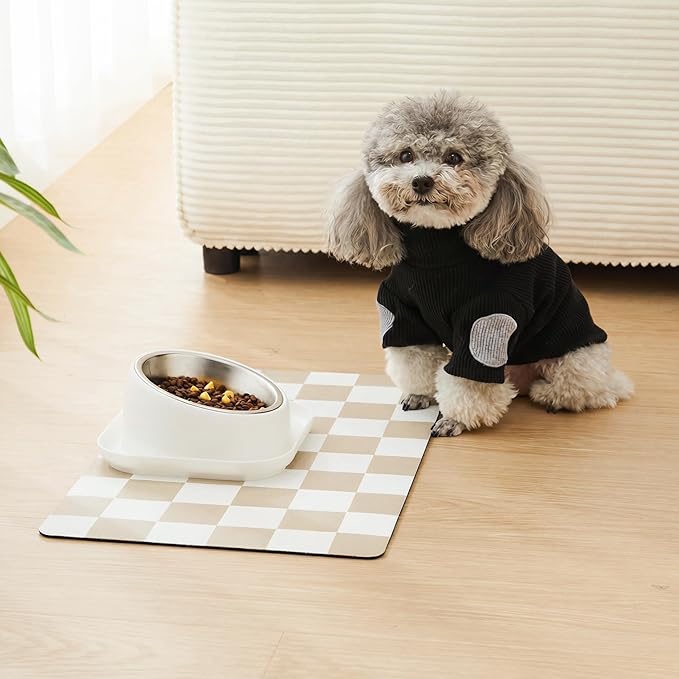 Ralxion Checkered Dog Feeding Mat, Absorbent Mats for Dog Food and Water Bowl, Dispenser, Retro Aesthetic Khaki Beige Checkerboard Pet Placemat for Dogs, Cats, Puppy Accessories, 12" X 19”
