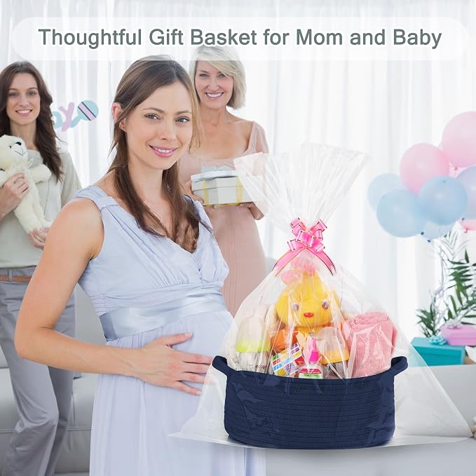 COMSE Empty Small Gift Basket with Bag & Ribbons, Navy Blue | Cotton Rope, 12"x 8"x 5", Baby Toy Organizer, Stores Small Items for Bedrooms, Nurseries, Bathrooms, Living Rooms, Offices