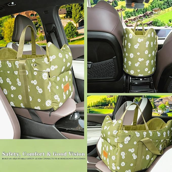 Dog Console Car Seat for Small Dogs 5-15 lbs, Light Green | Portable Center Armrest Puppy Booster, Anti-Collapse Travel Bed with Washable Fluffy Cushion
