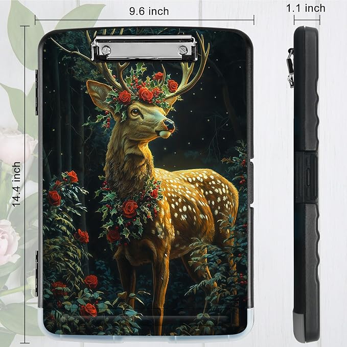 A4 Clipboard with Storage Pen Holder, Clipboards Organizer Nursing Clipboard Foldable File Folder Plastic Clipboard Folio Clip Board for Office Work Classroom Doctor, Rose Forest Deer
