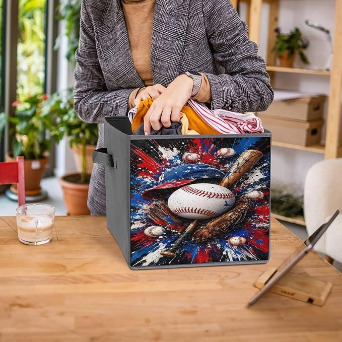 Baseball Bat Ball Glove Hat Storage Bin with Handles, Oxford Fabric Foldable Storage Cube Organizer for Clothes, Towels, Bedroom, Living Room, Home Organization