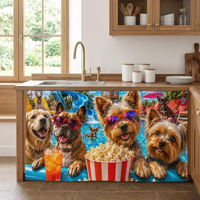 Summer Dog Sink Skirt for Bathroom, Self-Adhesive Under Sink Curtain, Summer Fantasy Pets Juice Popcorn Pool Country Hide Pipes & Storage Fabric Cabinet Skirt Cover for Kitchen Laundry 32"x55"