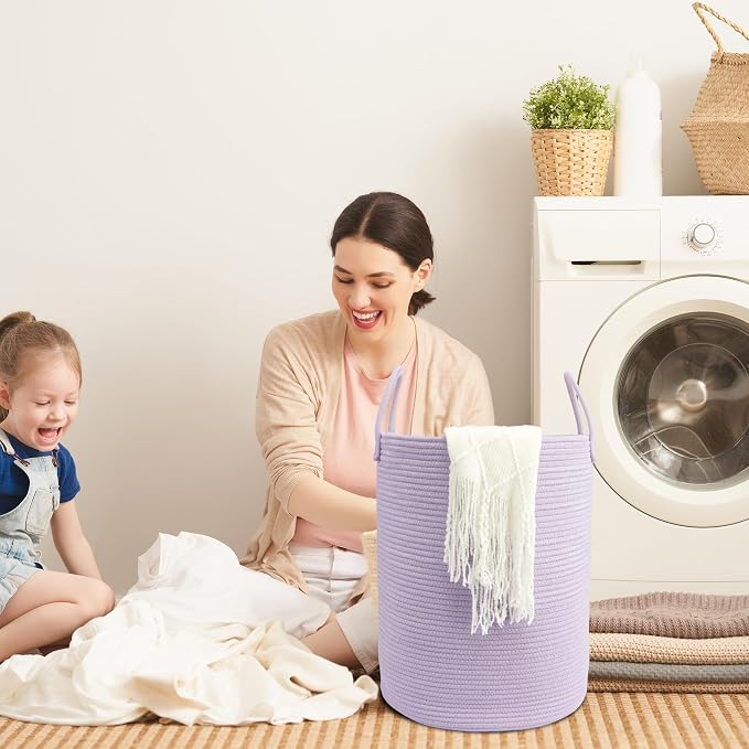 Woven Cotton Rope Laundry Basket, 15" x 20" Laundry Hamper, Purple | Rope storage basket for dirty clothes, toys and blankets. Perfect for bathroom, baby nursery and living room storage.