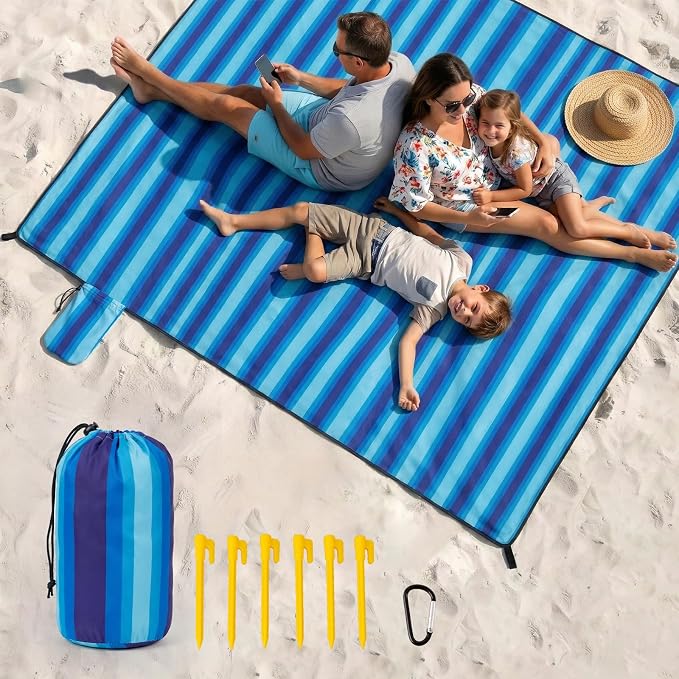 OIGAE Beach Blanket Waterproof Sandproof Oversized Beach Mat | Picnic Mat with Stakes, Storage Bag - Essentials for Outdoor Beach, Picnic,Quick-Dry Lightweight,Windproof Pockets