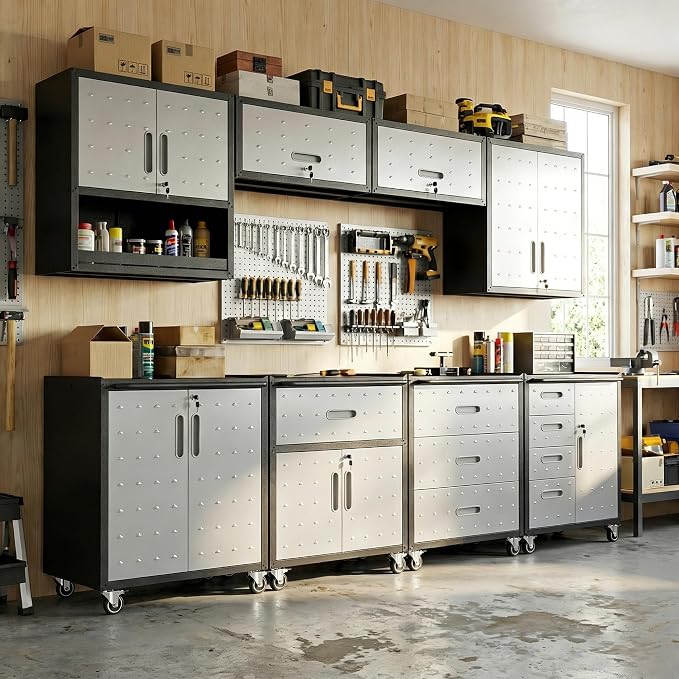 8-Piece Heavy Duty Steel Garage Cabinet System | All-in-One Modular Garage Cabinet Set for Ultimate Workshop Organization | Easy Assembly Garage Storage Cabinets & Tool Bench (Black)