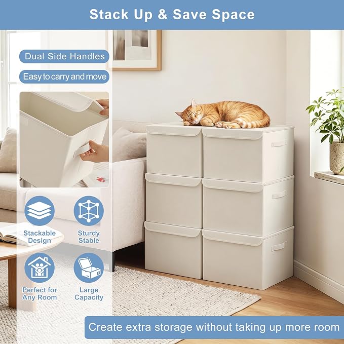 Large 22 Quart [4-Pack] Linen Fabric Foldable Storage Bin Cube Organizer Basket with Flip-Top Lid & Handles, Clothes Blanket Box for Home, Office, Closet (14.6 x 9.5 x 9.5, Beige)