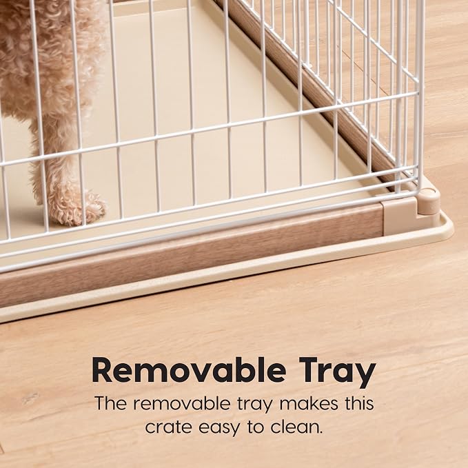 IRIS USA Large Tall Dog Crate, Dog Kennel Indoor with Sliding Door & Bottom Tray, Dog Cage, Wire Pet Pen, Stylish Wood-Like Trim, Light Brown