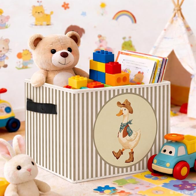 Cowboy Goose Storage Bin, Foldable Fabric Basket for Kids Room Nursery | Foldable fabric storage bin with western goose design for toys, books, clothes, nursery, bedroom, and playroom use.