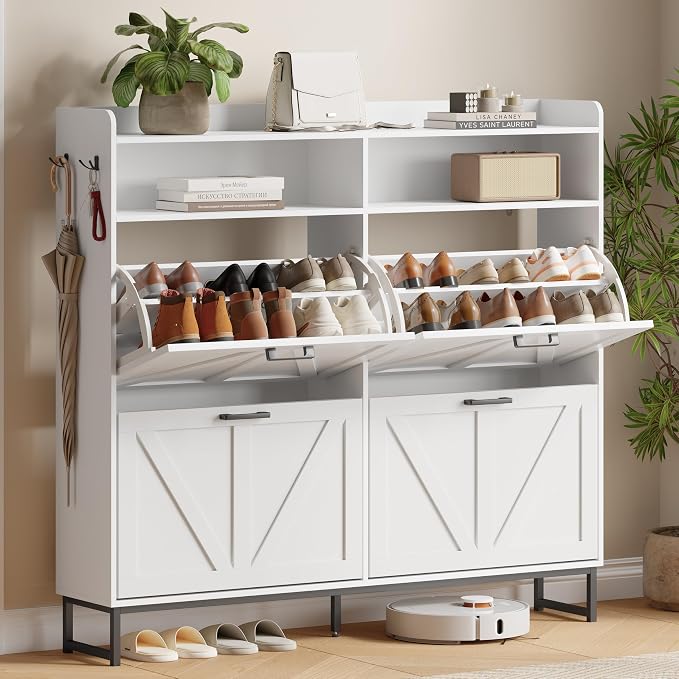 Xixini Shoe Storage Cabinet with 4 Flip Drawers, Entryway Shoe Rack, White | Freestanding Narrow Shoe Storage, Hidden Slim Wood Shoe Organizer, Modern Farmhouse, Open Storage & Hooks for Closet, Hallway