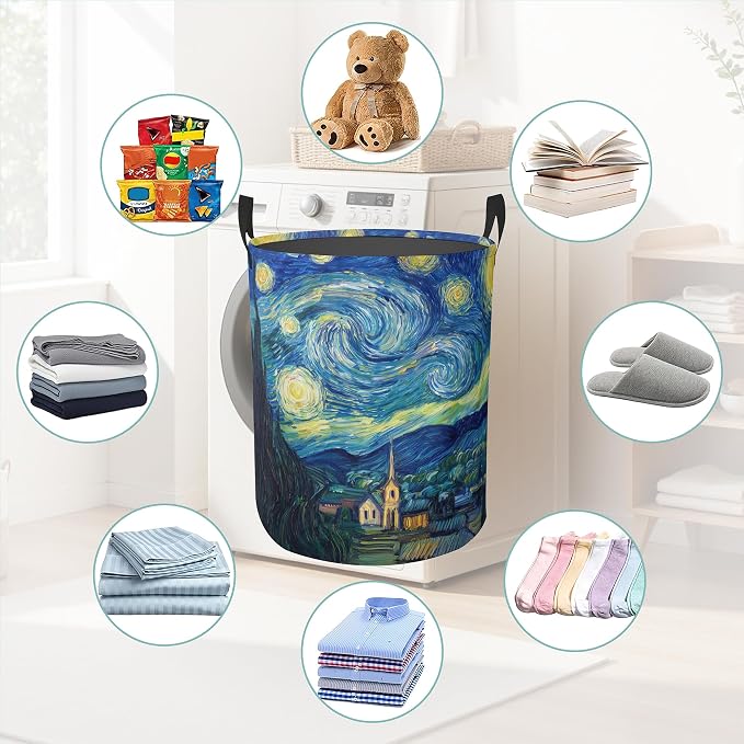 Starry Night Round Laundry Basket Collapsible Laundry Hamper with Handles Toys Clothes Organizer Bin For Home Bathroom Bedroom Dorm Nursery