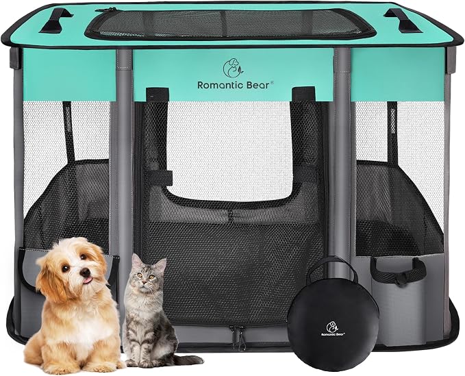 ROMANTIC BEAR Dog Playpen,Foldable Pet Puppy Cat Playpen,S(28"x22"x18") | Dog Crate with Upgrade Breathable Mesh and Durable 600D Oxford Cloth,Sturdy Dog Cage Indoor & Outdoor for Small Animals,Green
