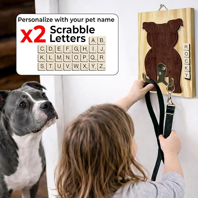Pitbull Dog Leash Holder Wall Mount with Scrabble Letters, Wooden Dog Wall Hook Organizer, Pet Collar and Harness Hanger for Entryway, Key Hook Gift for Pet Lovers, Home Decoration PF297-55