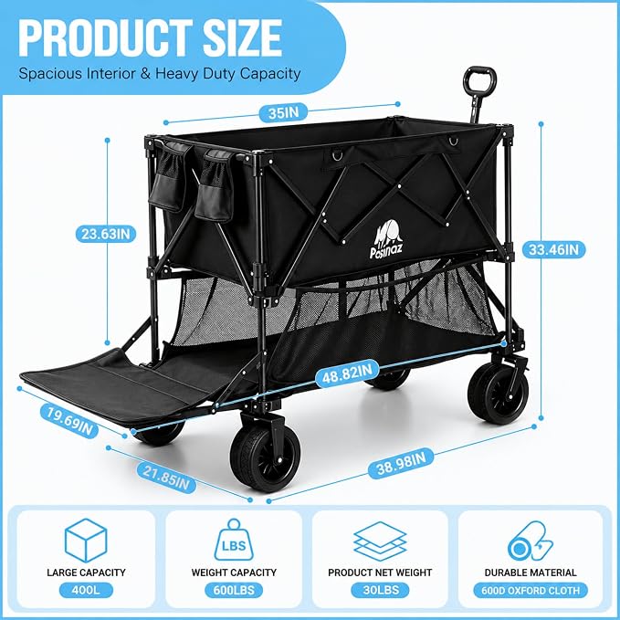 600LB Double Decker Foldable Wagon Cart, 400L Large Storage, Heavy Duty | 50" Extended Collapsible Wagon, Extra Large Collapsible Cart with Wheels for Camping, Fishing, Beach & Outdoor Use