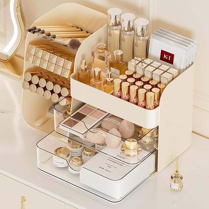 Cute Makeup Organizer Countertop for Vanity Bathroom Organizer, Cream | Beauty Organizers and Storage with Brush Holder and Drawer, Make up Organizer for Perfume Lotions Psticks, Eyeshadow Palettes