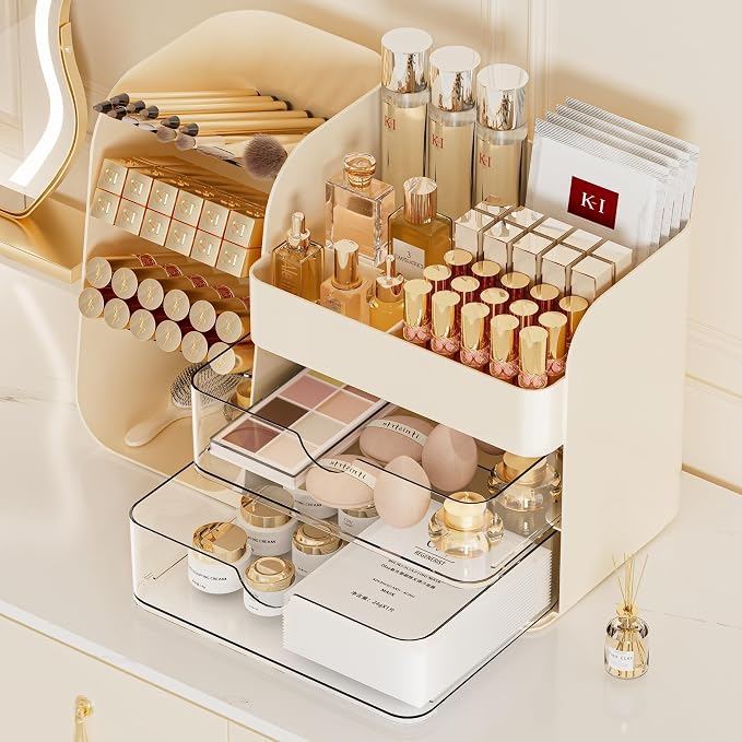 Makeup Organizer for Vanity Skincare Organizers Countertop, All Cream | Spacious Cosmetic Display Case for Bathroom Bedroom Desk, Easy To Storage Makeup Brushes, Nail Polishes, Eyeshadow, Lipstick