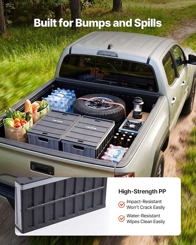 VEVOR Plastic Collapsible Storage Bins with Lids, 65L 2 Packs, Stackable Folding Storage Crates with Handles, Holds 84 lbs Per Bin, Heavy Duty Containers, Space-Saving Baskets, for Home Organizing