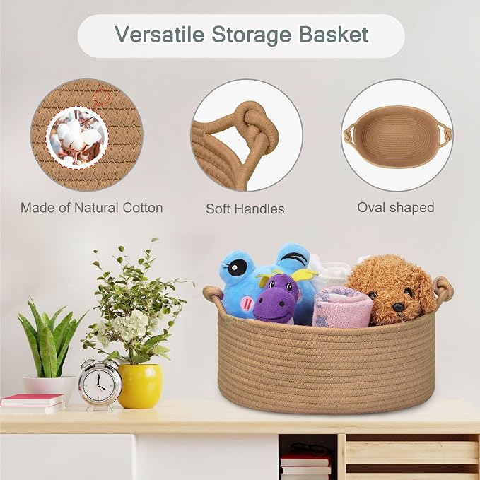 COMSE Small Gift Basket Empty with Bag & Ribbons, Solid Camel | Cotton Rope, 12"x 8"x 5", Pet Toy Storage Organizer, Woven Basket for Birthdays, Baby Showers, Mother’s Day, Valentine’s Day