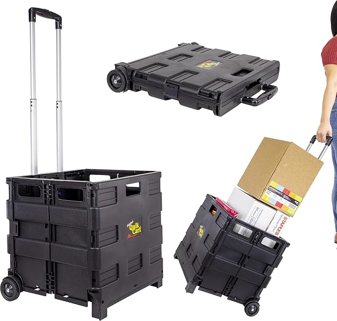 dbest Products Quik Cart Without Lid Collapsible Rolling Crate - Black | with Wheels, Roll Up to 80 lbs Capacity, Heavy Duty Plastic Construction, Telescoping Handle, Portable Handcart