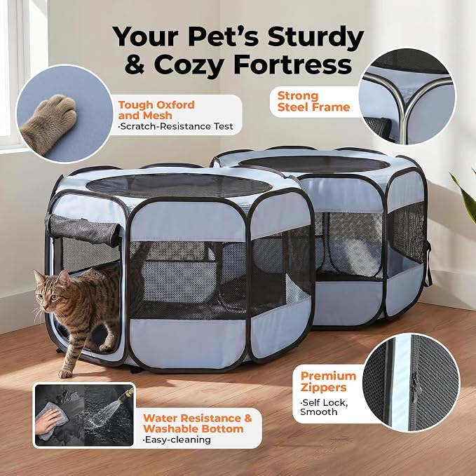 2-in-1 Dog Playpen, Pop Up Cat Puppy Pet Playpen, Indoor Outdoor Cats Enclosed, Cat Tent Crate Cage Kennel, Portable Playpen for Kitten and Small Animals(No Divider, Unified Space)