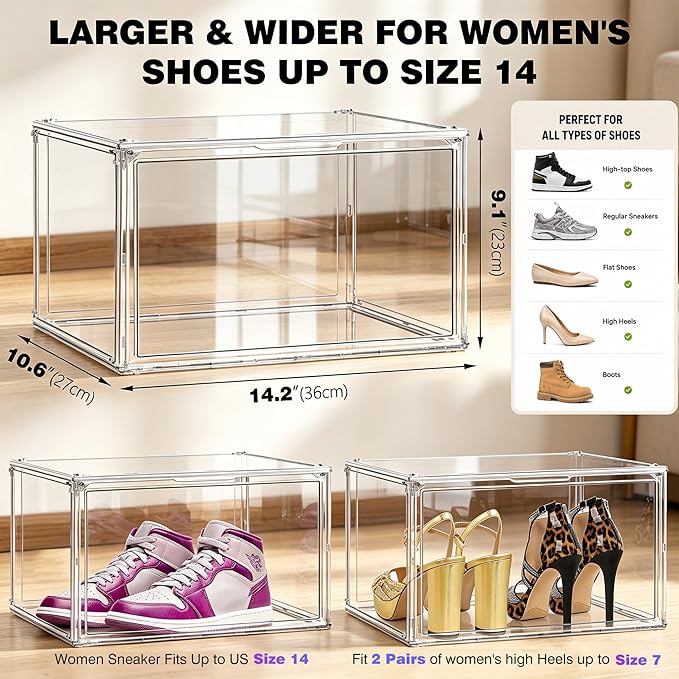 12 Pack Clear Acrylic Shoe Sneaker Boxes Fits Size 13, Wide Magnetic Door | Stackable shoe showcase for sneakers, high tops, large shoes, shoe collection display storage. Exterior 14.1 x 10.6 x 8.9 in