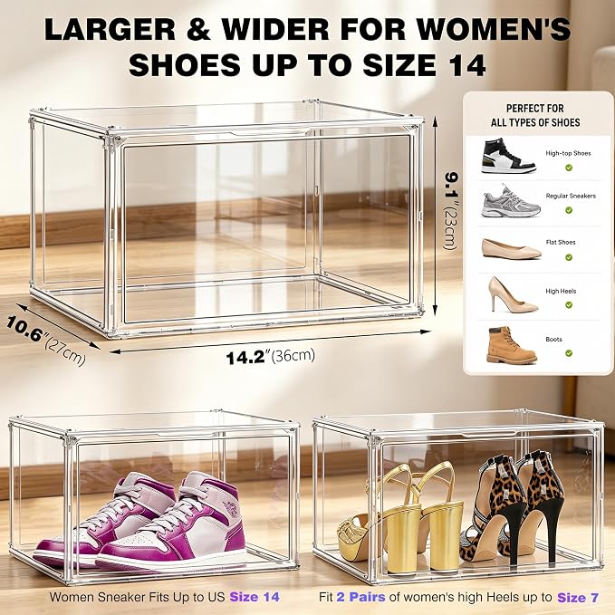 10 Pack Clear Acrylic Shoe Sneaker Boxes Fits Size 13, Wide Magnetic Door | Stackable shoe showcase for sneakers, high tops, large shoes, shoe collection display storage. Exterior 14.1 x 10.6 x 8.9 in