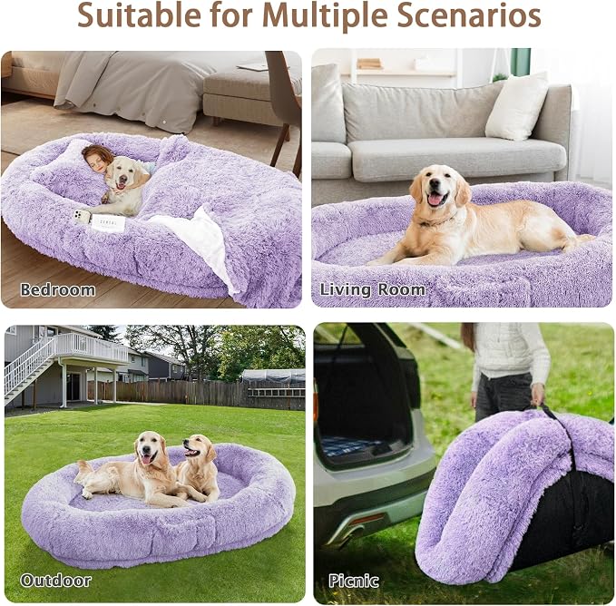 ROOMTEC Human Dog Bed, 78''x51''x12'' Size Fits Adult and Pet Washable Giant People Bed 10 CM Thick Memory Foam Large Oversize Pet Bed with Plump Pillow, Blanket, Strap - Purple
