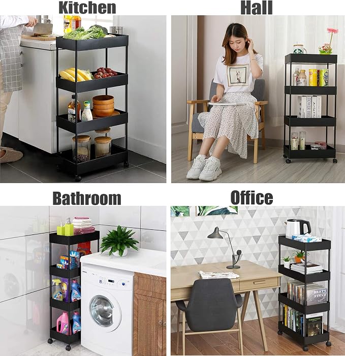 4 Tier Slim Rolling Utility Kitchen Cart Bathroom Organizer for Narrow Places Multipurpose Storage Shelve Mobile Trolley for Bedroom Laundry Office Restaurant Garage Pantry (Black)