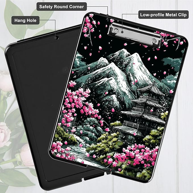 Heavy Duty Storage Clipboard, Slim Nursing Clipboard with Internal Pen Case, Portable File Organizer Case for A4 Letter Size Paper Office Medical Professionals, Sakura Dark Mountain Range