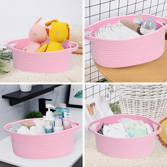 ABenkle Small Basket with Handles, Boho Decorative Rope Woven Dog Cat Toy Storage Bin Shelf Storage Organizer, Easter Christmas Gift Basket, 12"x8"x5", Pink