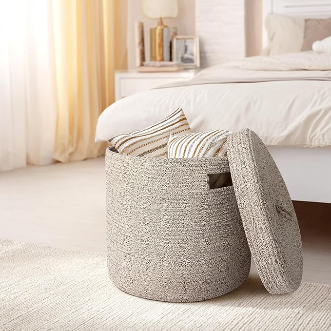 Storage Basket with Lid, Woven Blanket Storage for Living Room, Soft Cotton Rope Bin with Lid, Round Wicker Laundry Basket with Cover, Lidded Kids Dog Toy Bin, Nursery Organizer, 15" x 13"