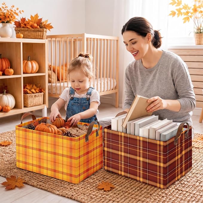 Britimes Fall Storage Baskets for Gifts, Fall Toy Storage Bins Box, 3 Pcs | Thanksgiving Autumn Orange Canvas Collapsible Baskets Organizer with Handles Nursery Decor Laundry Basket for Shelves Closet