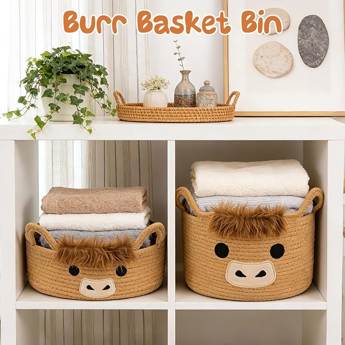 Oval Highland Cute Cow Basket for Nursery, Small Woven Gift Basket | Rope Cotton Storage for Gifts Empty, Baby Shower Blanket 0rganizer with Handles,Towel Decorative Bins, 12"D x 5"H IN