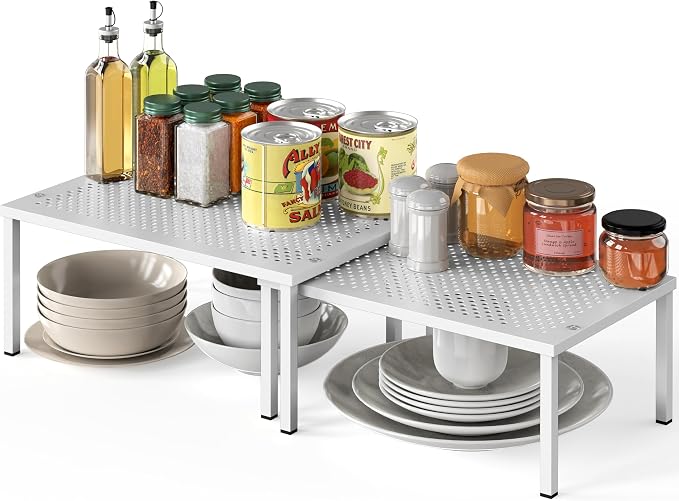 Simple Houseware Expandable Stackable Kitchen Counter Shelf Organizer, White, Metal Top, 11.25"L x 7.9"W x 5.4"H | Expandable & Stackable 9" D x 12.75" W x 5.9" H