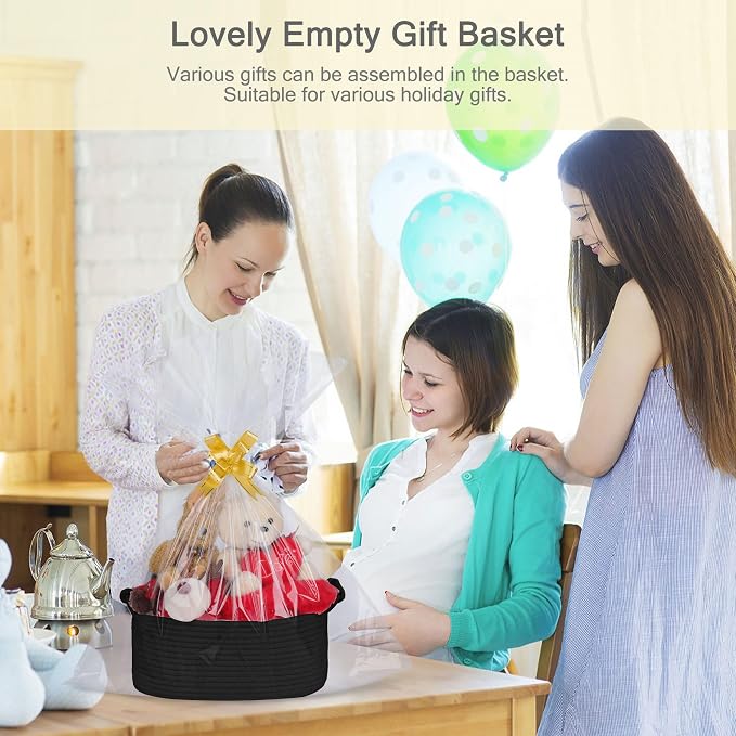 Small Empty Gift Basket with Bag & Ribbons, Black | 12“x8”x5”, Cotton Rope Woven Basket for Birthdays, Baby Showers, Mother's Day, Christmas; Stores Small Items, Kids & Pet Toys