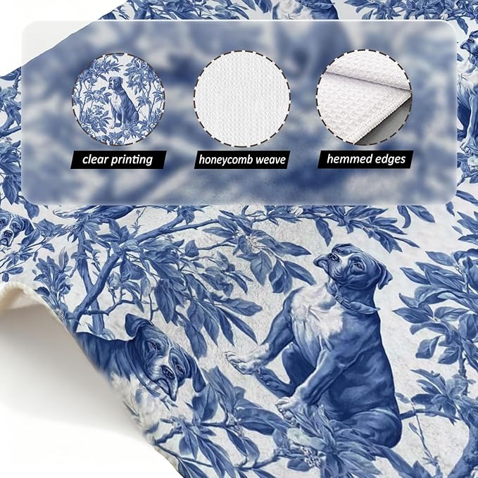 Pitbull Kitchen Dish Towels,Blue and White Floral Dog Towel Dish Tea Towels, Chinoiserie Decor for Kitchen Bathroom,Pitbull Gifts for Dog Lover Mom Dad,16x24 Inch