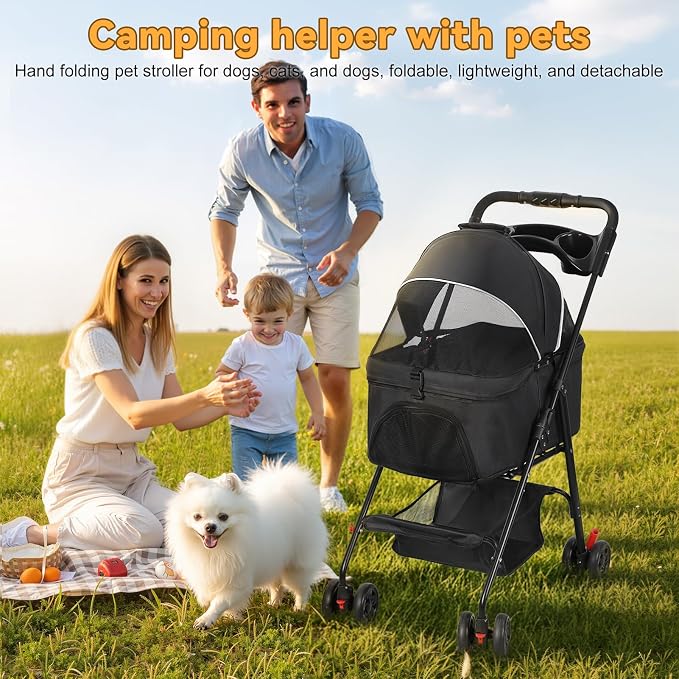 4 Wheels Pet Stroller,Dog and Cat Foldable Strollers, Removable Carrier, Breathable Mesh Canopy, Storage Basket and Cup Holder, Lightweight Travel Carrier, Pet Carrying Cart for Walks Outings Shoppin