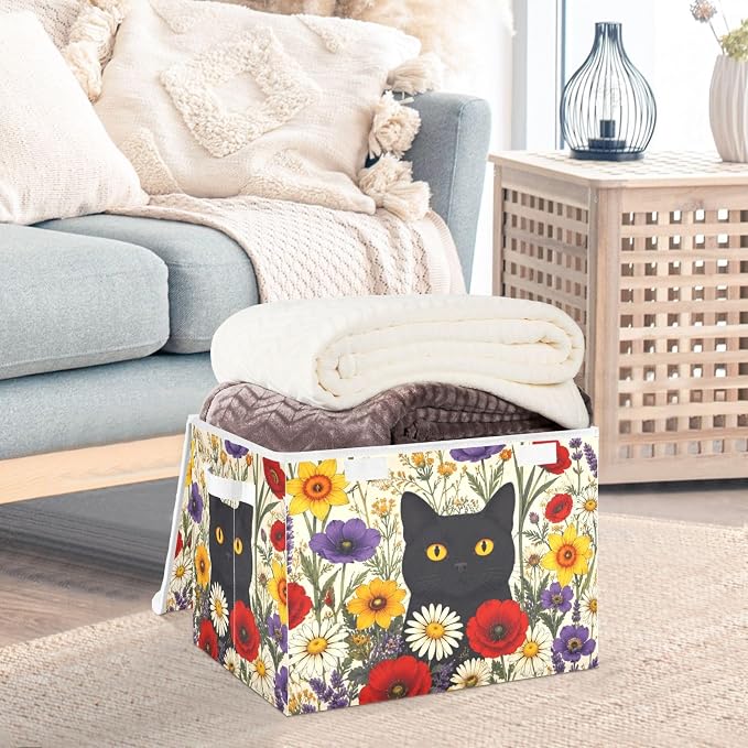 Fabric Storage Bins with Lid Cat Floral Garden Closet Storage Basket 40L | Foldable & Stackable, Flip Top Dust Guard, Reinforced Handles, Home & Bedroom, Clothes & Toys, Oxford Print Basket