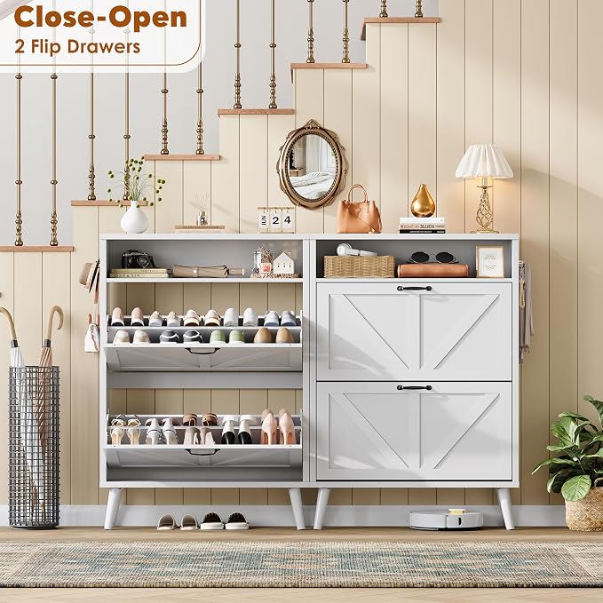 Shoe Storage Cabinet with 2 Flip Drawers for Entryway,White | Narrow Shoe Storage Organizer Rack, Hidden Shoe Cabinet with Adjustable Shelves for Entryway, Hallway, Living Room