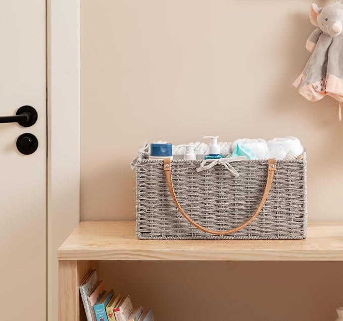 HBlife Large Baby Diaper Caddy Organizer, Paper Rope Storage Baskets Nursery Bin with Removable Divider, Portable Car Organizer for Diapers, Baby Shower Gifts, Newborn Essentials Must Haves