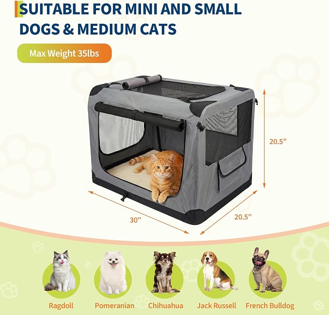 30 Inch Soft Dog Crate Collapsible 3-Door Travel Kennel for Large Dogs, Portable Pet Cage, Fleece Bed, Storage Pocket & Safety Zippers, Indoor Outdoor Car Use Dog Crate